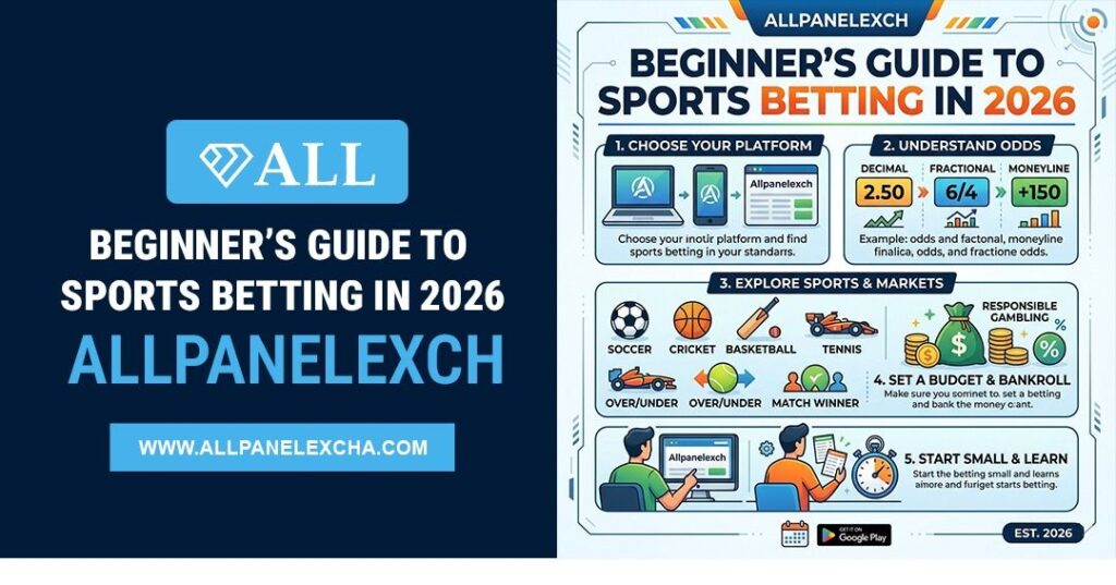 Beginner’s guide to sports betting in 2026 showing match insights, structured betting basics, and secure learning on Allpanelexch