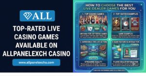 Top-rated live casino games on Allpanelexch Casino featuring Live Blackjack, Roulette, Baccarat, Poker, and secure gaming access.