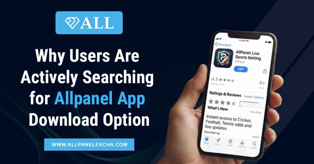 Illustration of a user searching for the Allpanel app download option on a smartphone with a secure and user-friendly mobile interface.