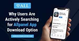 Illustration of a user searching for the Allpanel app download option on a smartphone with a secure and user-friendly mobile interface.